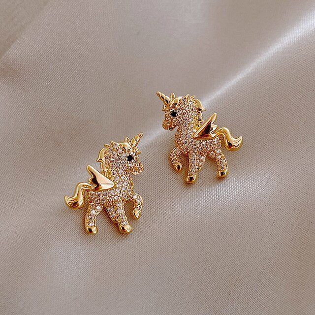 Cute Golden Unicorn Zirconia Earrings - Celestia-The Livary