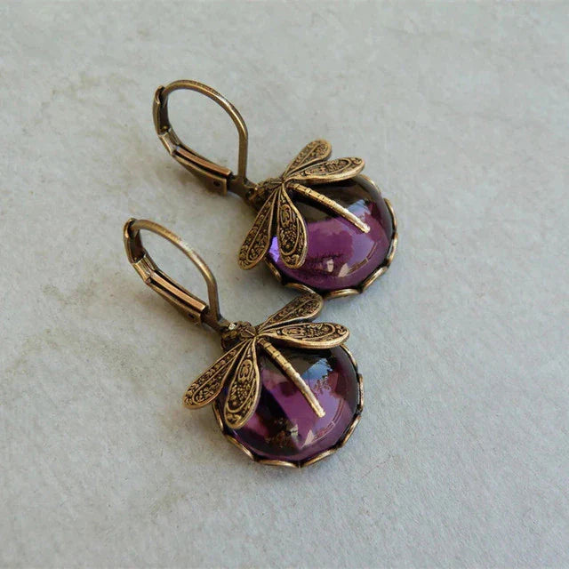 Round Antique Gold Dragonfly Earrings - Elyse-Purple-The Livary