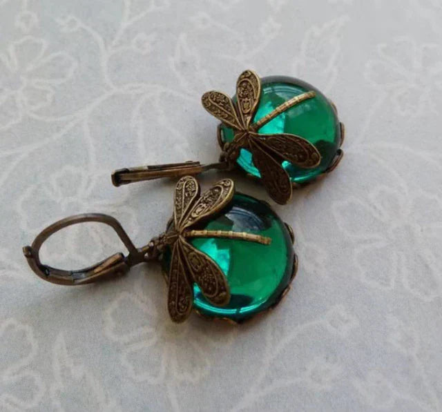 Round Antique Gold Dragonfly Earrings - Elyse-Green-The Livary