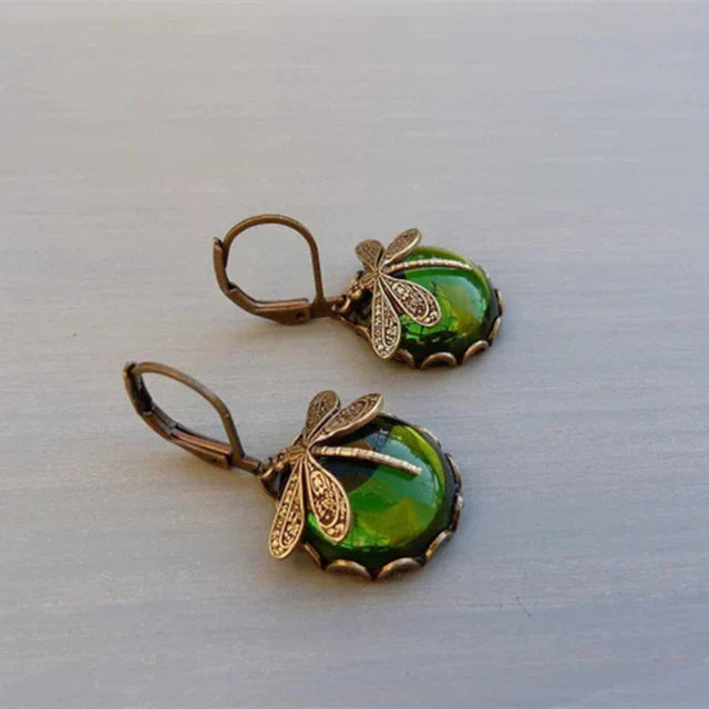 Round Antique Gold Dragonfly Earrings - Elyse-Light green-The Livary