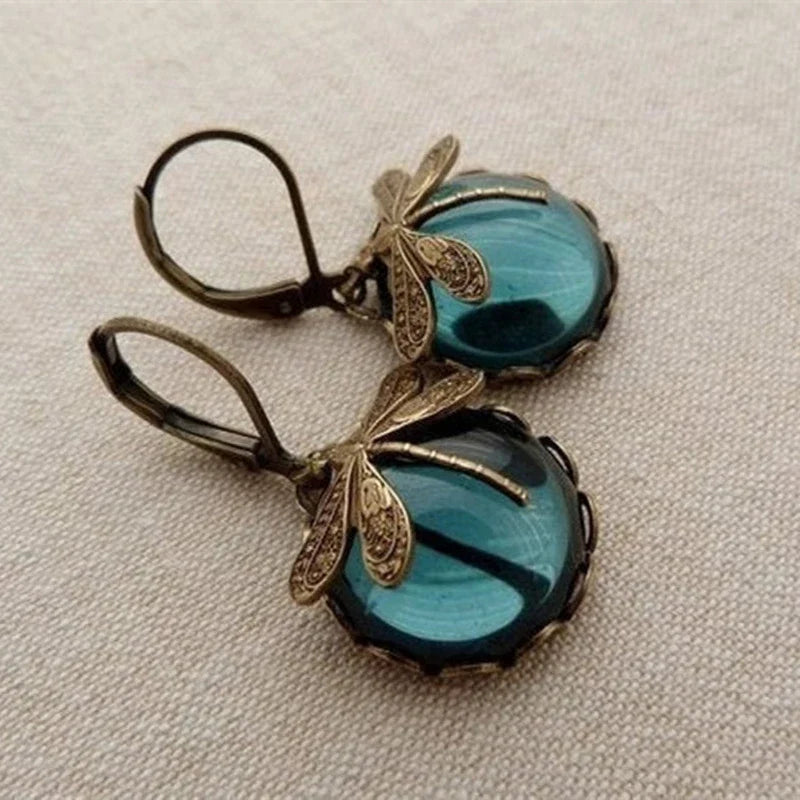 Round Antique Gold Dragonfly Earrings - Elyse-Blue-The Livary