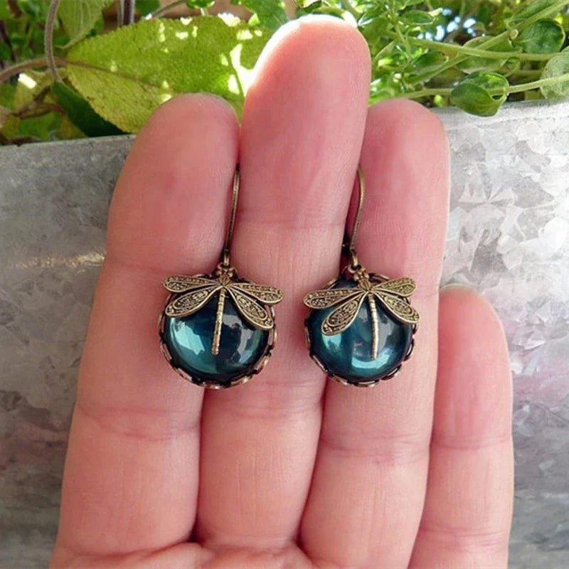 Round Antique Gold Dragonfly Earrings - Elyse-Green-The Livary