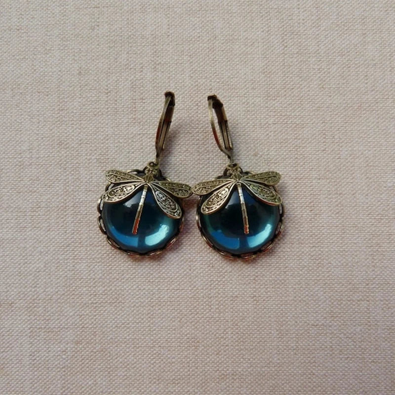 Round Antique Gold Dragonfly Earrings - Elyse-Green-The Livary