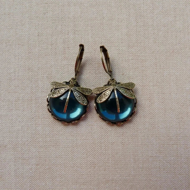 Round Antique Gold Dragonfly Earrings - Elyse-Green-The Livary