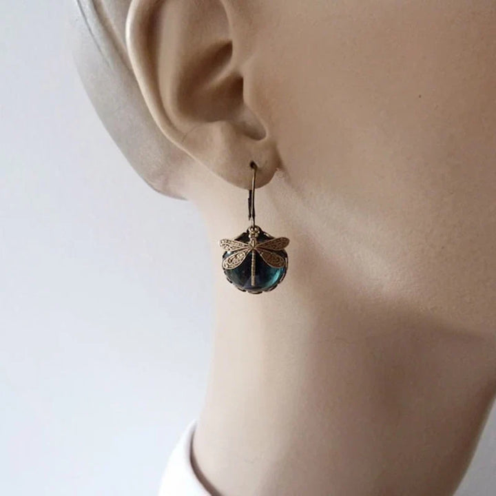 Round Antique Gold Dragonfly Earrings - Elyse-Green-The Livary