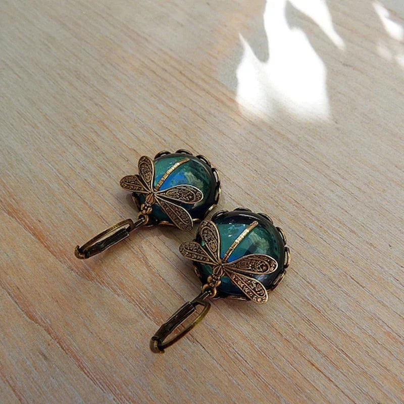 Round Antique Gold Dragonfly Earrings - Elyse-Green-The Livary