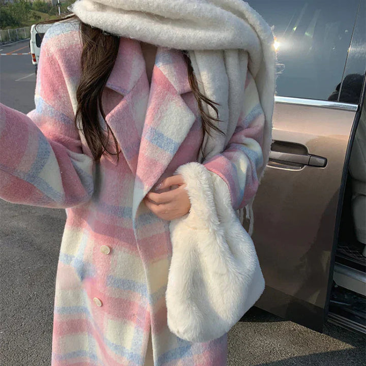 Pastel-Coloured Checked Wool Mix Coat with Double-Breasted Buttons - Sofie-XS-The Livary