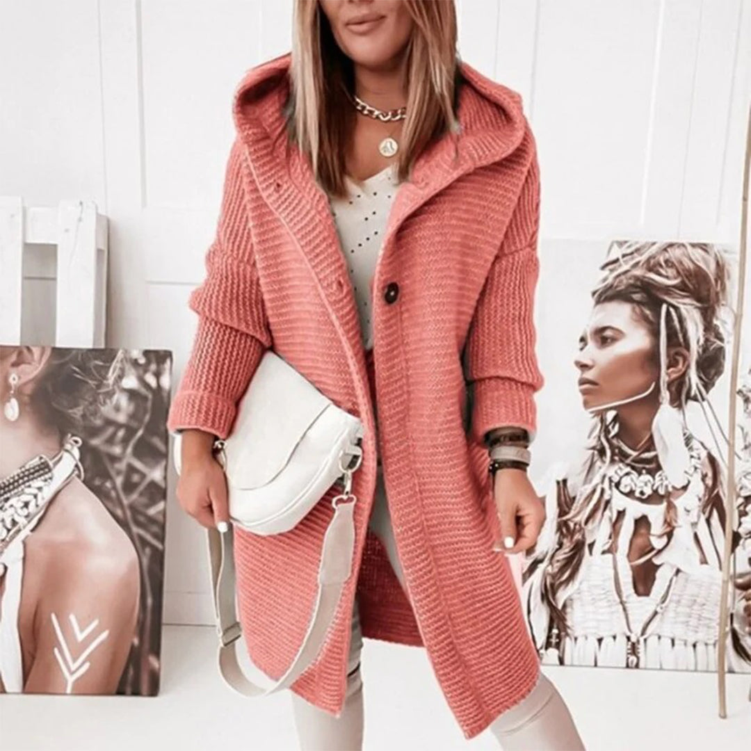 Half-length Knitted Women's Cardigan with Button Closure and Hood - Mila-Pink-S-The Livary