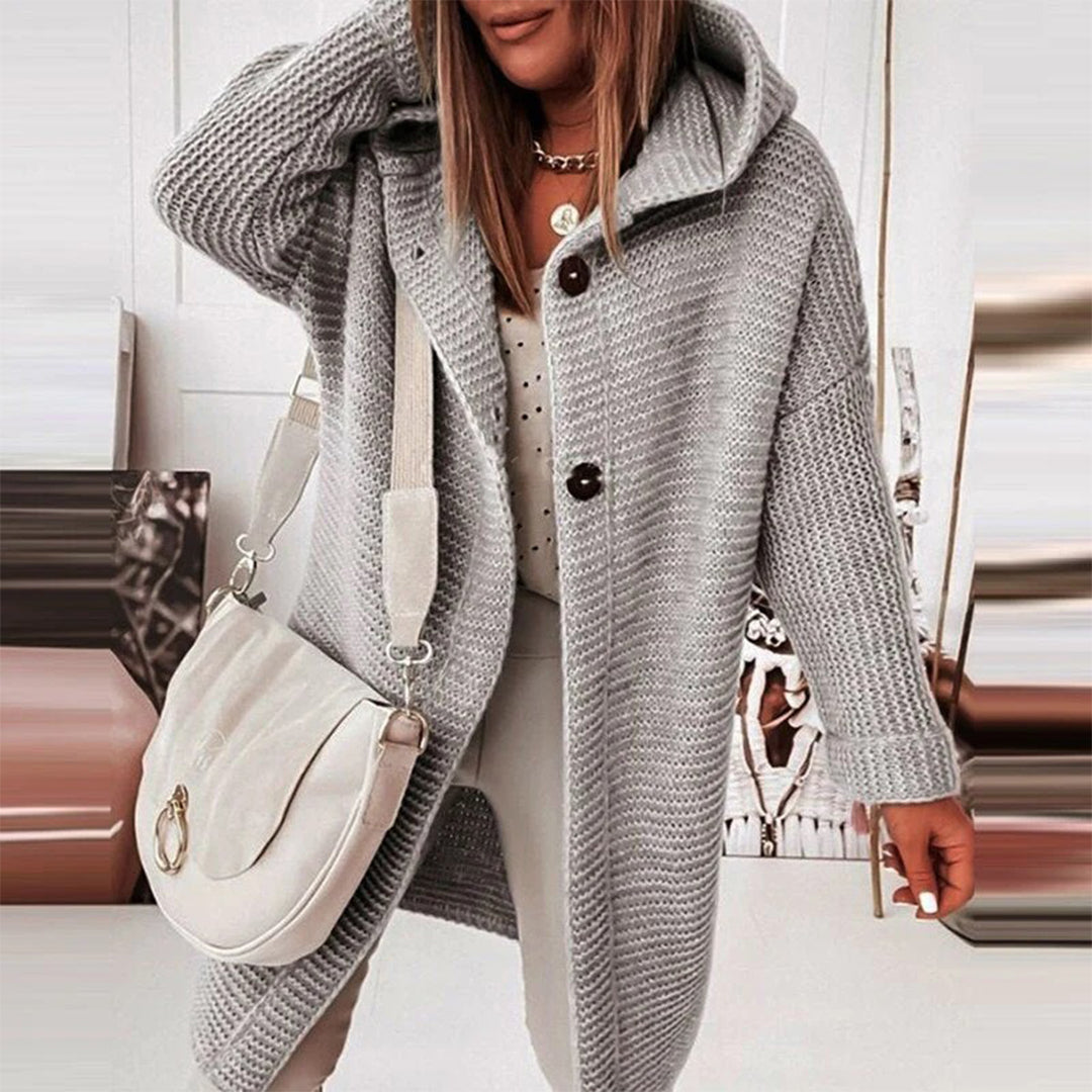 Half-length Knitted Women's Cardigan with Button Closure and Hood - Mila-Gray-S-The Livary