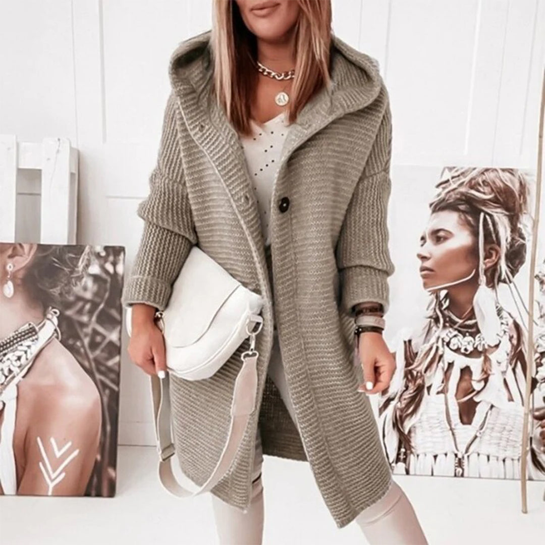 Half-length Knitted Women's Cardigan with Button Closure and Hood - Mila-Khaki-S-The Livary