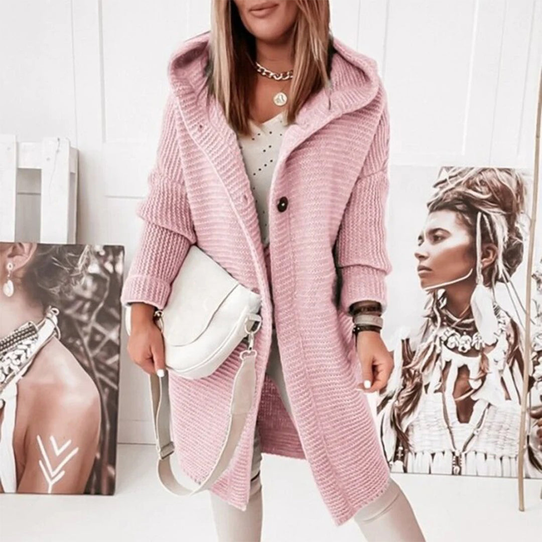 Half-length Knitted Women's Cardigan with Button Closure and Hood - Mila-Light pink-S-The Livary