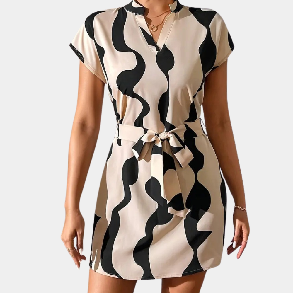 Trendy Beige Dress with Belt - Elena-XS-The Livary