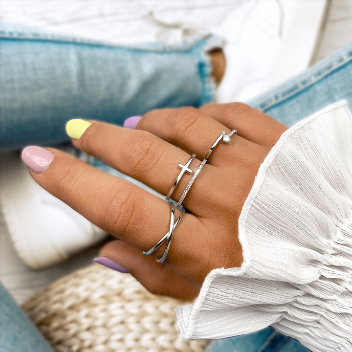 Stylish Double Cross Ring - Celeste-Silver-5-The Livary