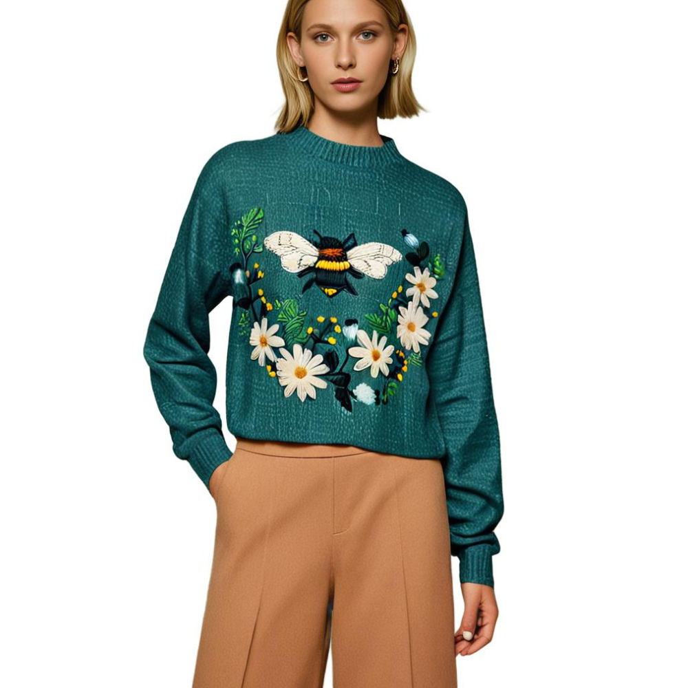 Cheerful Women's Sweater with Floral Print - Fleur-White-XS-The Livary