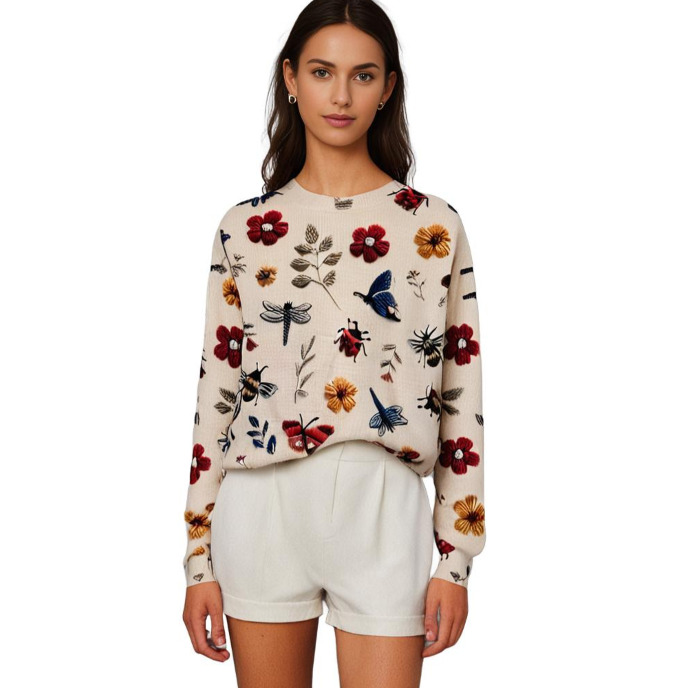 Cheerful Women's Sweater with Floral Print - Fleur-White-XS-The Livary