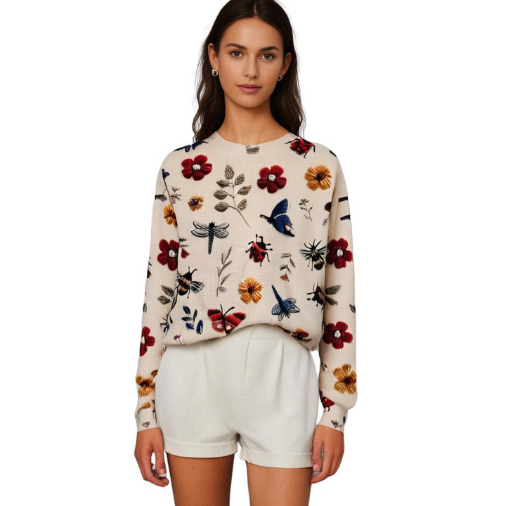 Cheerful Women's Sweater with Floral Print - Fleur-White-XS-The Livary