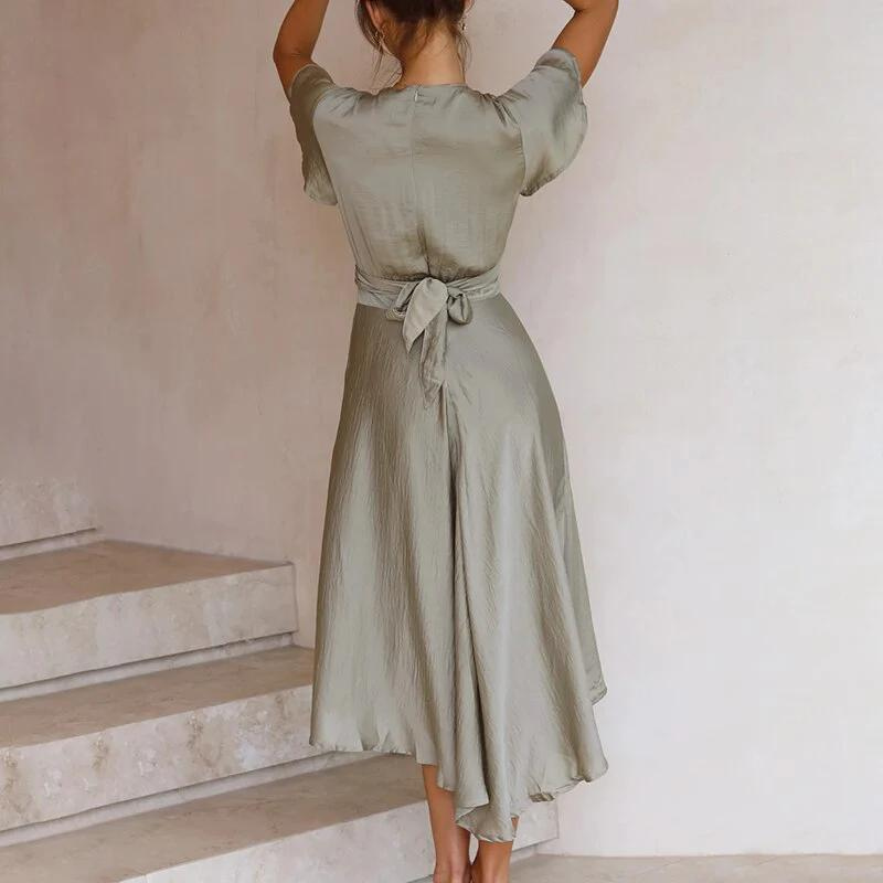 Light summer midi dress with V-neck – Lina-Orange-S-The Livary