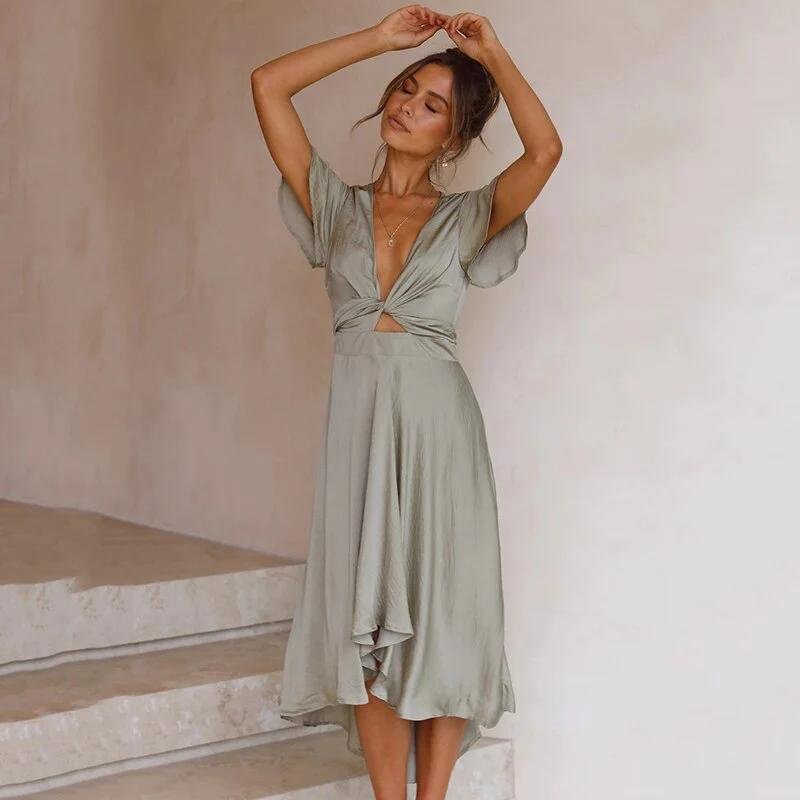 Light summer midi dress with V-neck – Lina-Light green-S-The Livary