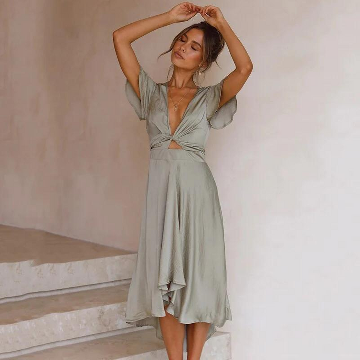 Light summer midi dress with V-neck – Lina-Light green-S-The Livary