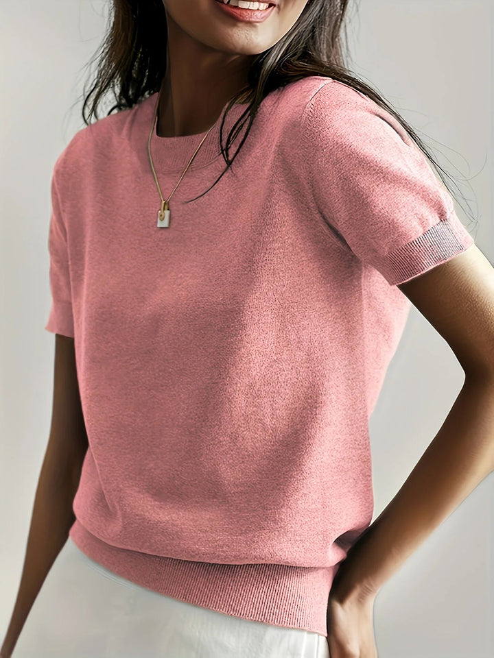 Spring Sweater with Short Sleeves – Mira-Pink-XS-The Livary
