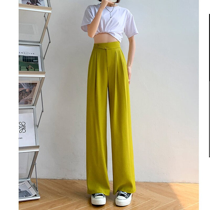 High-Waist Casual Women's Trousers with Wide Leg – Emilia-Yellow-S-The Livary