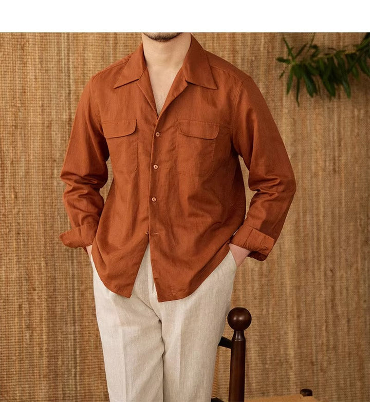 Lightweight men's shirt made of linen with Cuban collar and long sleeves – Mateo-Brown-S-The Livary