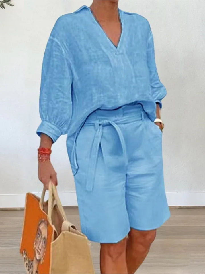 Airy & Stylish Two-Piece Linen Set with Blouse & Shorts for Women – Malea-Blue-S-The Livary
