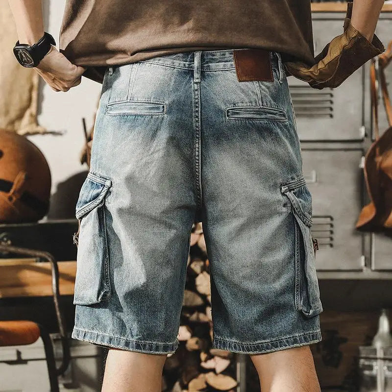 Men's Denim Cargo Shorts in Retro Motorcycle Style – Ronex-Denim Blue-S-The Livary