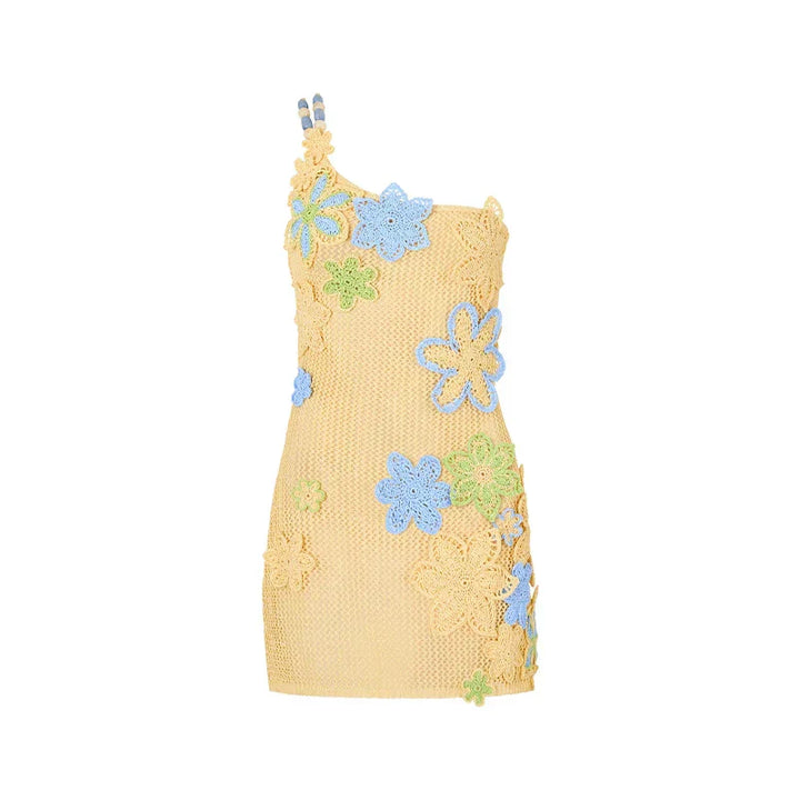 Yellow crocheted summer mini dress with floral embroidery for women – Nari-S-The Livary