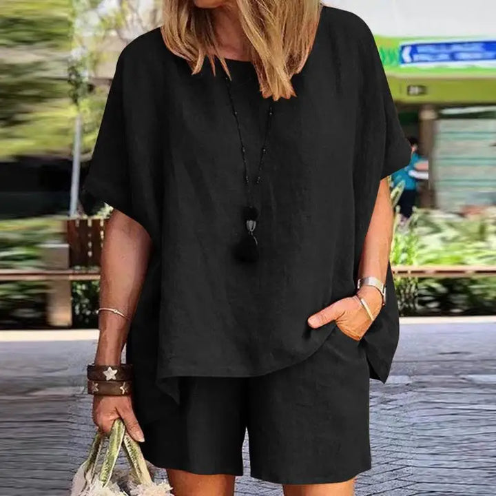 Trendy Two-Piece Linen Summer Set with Shorts for Women – Nayla-Black-S-The Livary