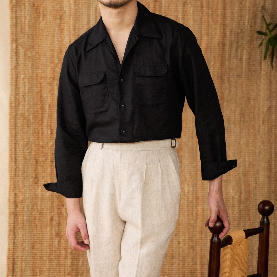 Lightweight men's shirt made of linen with Cuban collar and long sleeves – Mateo-Black-S-The Livary