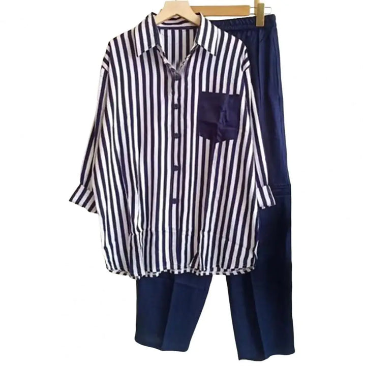 Two-piece summer set made of linen Loose shirt & Wide trousers - Zayenne-Blue-S-The Livary
