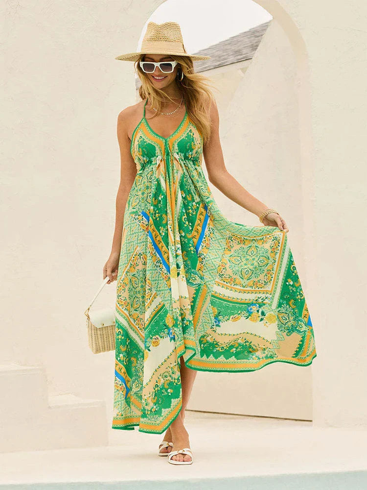 Airy & Stylish Boho Maxi Dress with Halterneck for Women – Naya-Red-S-The Livary