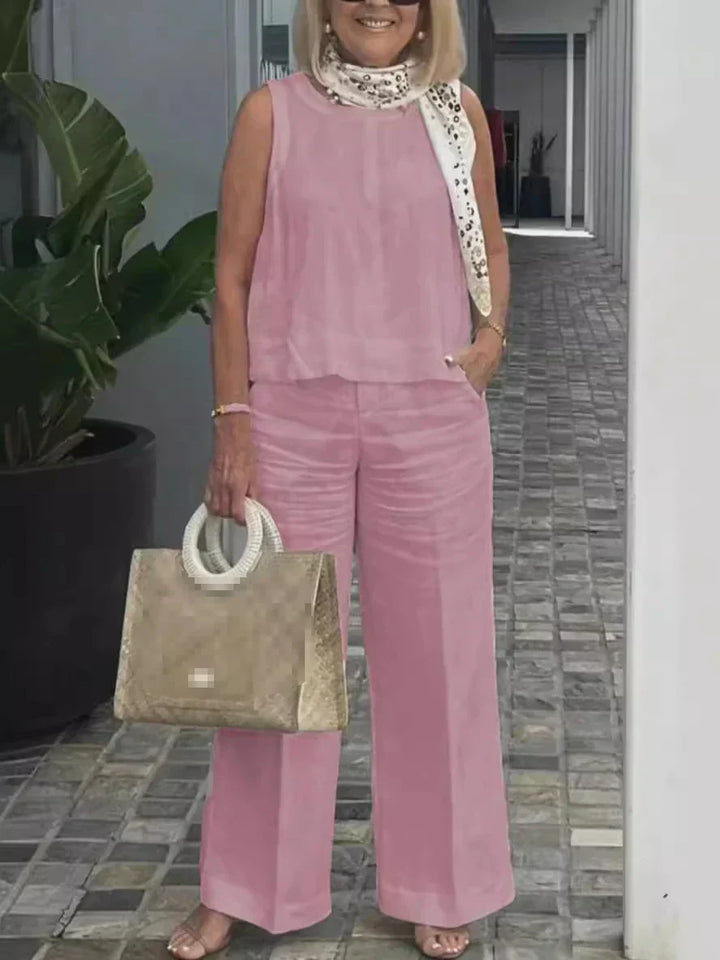 Two-piece women's summer set made of linen with sleeveless blouse – Maelis-Pink-S-The Livary
