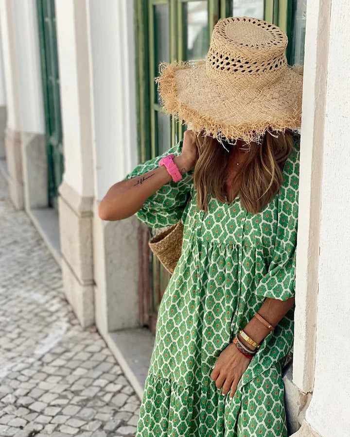 Boho summer dress in Ibiza style with a loose fit – Elira-Green & White-S-The Livary