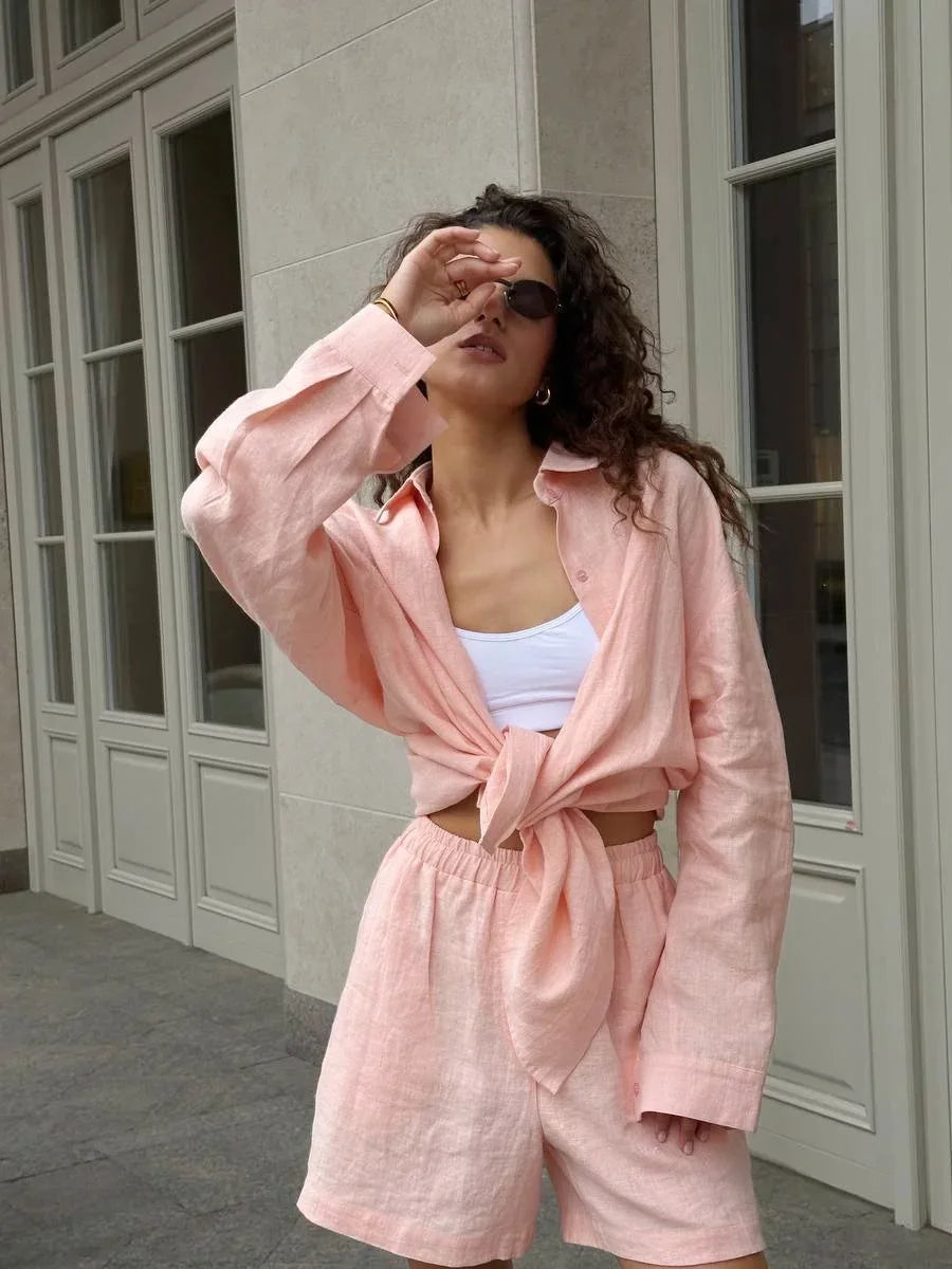 Ladies Summer Two-Piece Trouser & Top – Léonie-Light pink Short-S-The Livary
