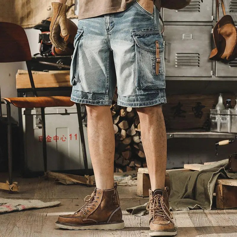 Men's Denim Cargo Shorts in Retro Motorcycle Style – Ronex-Denim Blue-S-The Livary