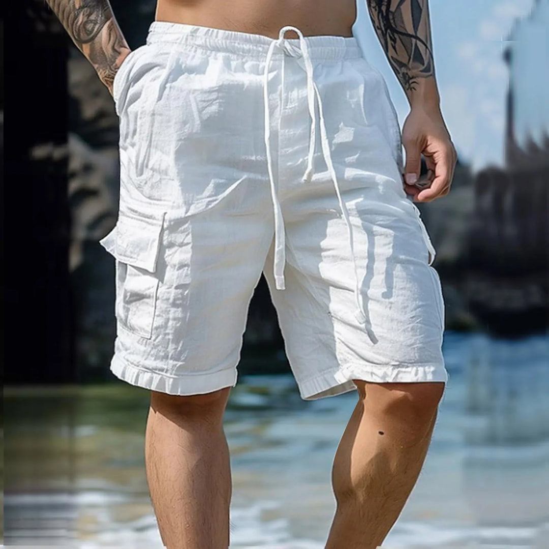 Airy men's linen shorts with wide legs and drawstring – Silas-White-S-The Livary