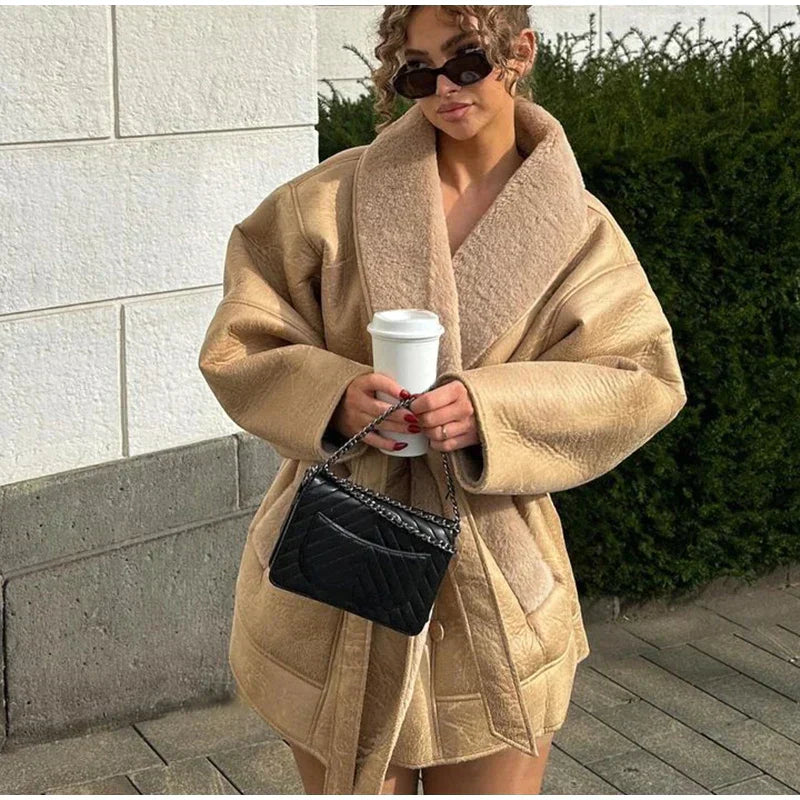 Luxury Winter Coat Made of Leather and Fur - Mirabelle-Khaki-S-The Livary