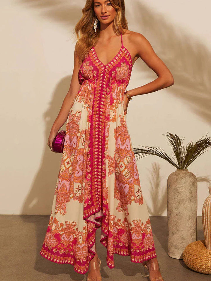 Airy & Stylish Boho Maxi Dress with Halterneck for Women – Naya-Red-S-The Livary