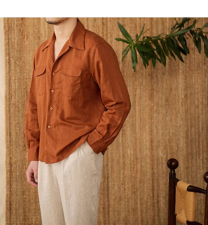 Lightweight men's shirt made of linen with Cuban collar and long sleeves – Mateo-Brown-S-The Livary