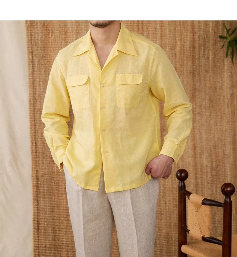 Lightweight men's shirt made of linen with Cuban collar and long sleeves – Mateo-Brown-S-The Livary
