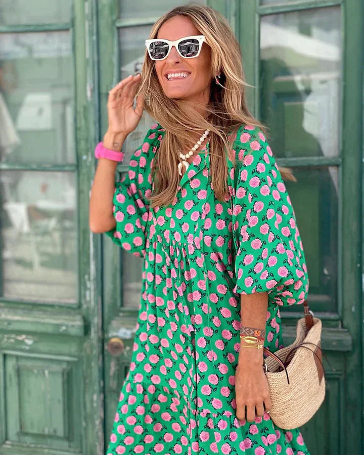 Boho summer dress in Ibiza style with a loose fit – Elira-Green & White-S-The Livary
