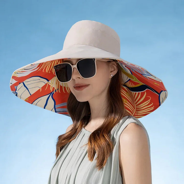 Reversible sun hat made of cotton with a wide brim (22-23 In) – Liora-Beige (double-sided)-The Livary
