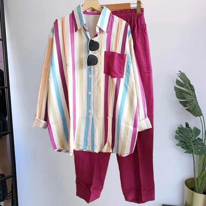 Two-piece summer set made of linen Loose shirt & Wide trousers - Zayenne-Rose pink-S-The Livary