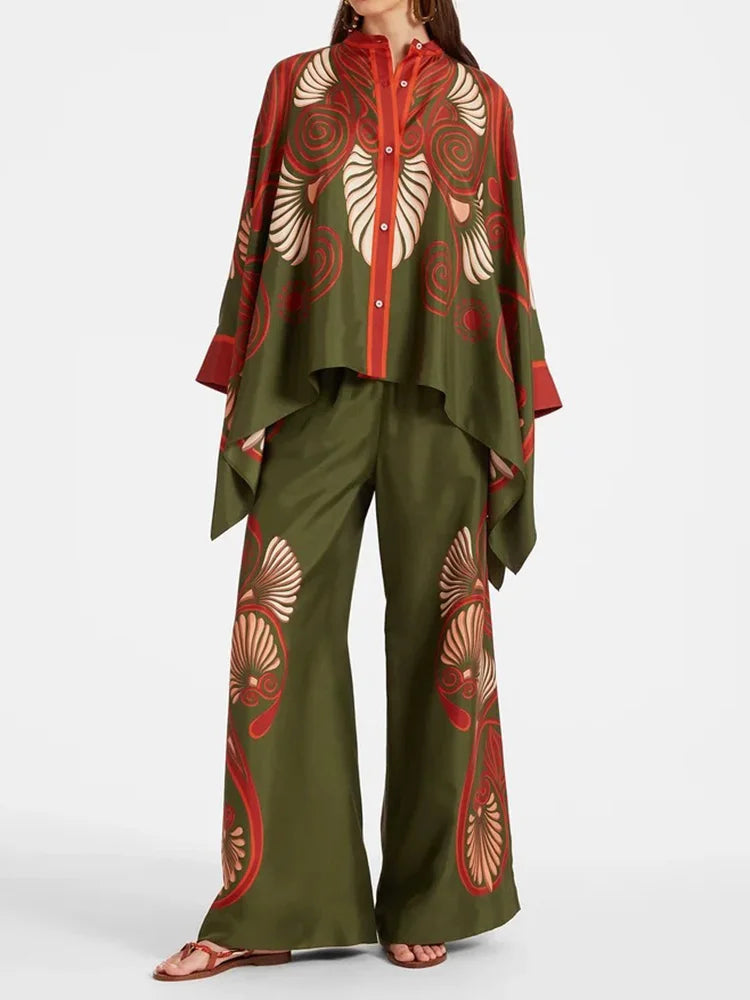 Two-piece Women's Linen Streetwear Set with Ethno Print – Samira-Green-S-The Livary