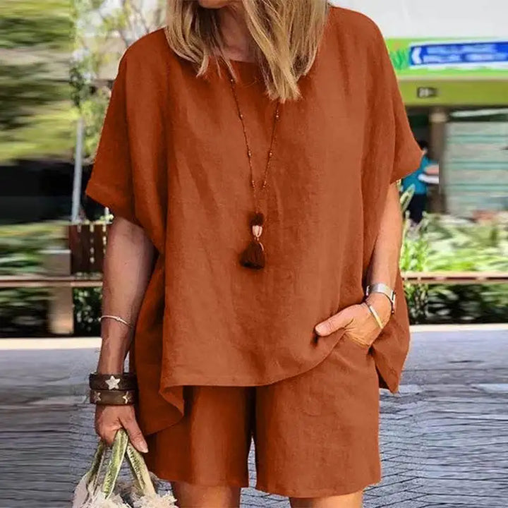 Trendy Two-Piece Linen Summer Set with Shorts for Women – Nayla-Chestnut brown-S-The Livary