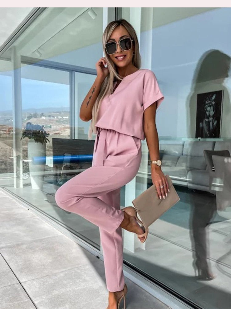 Jumpsuit with Short Sleeves and Belt - Eliana-Light pink-S-The Livary