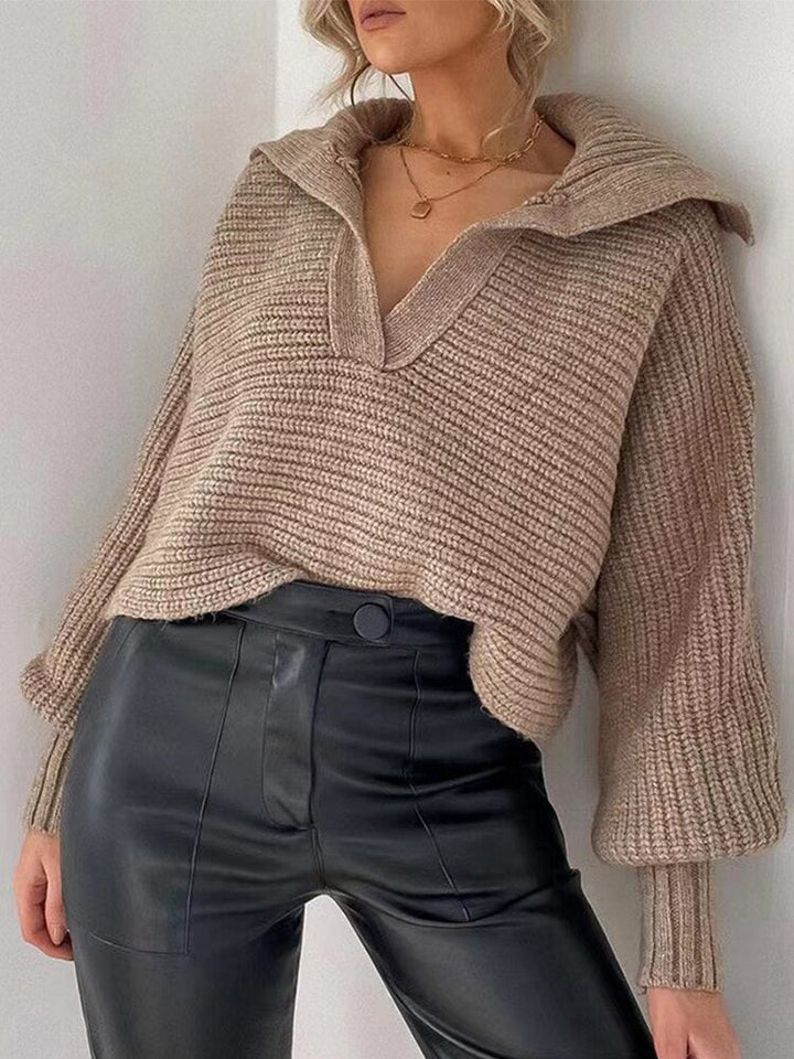 Knitted V-Neck Sweater - Isolde-Khaki-S-The Livary