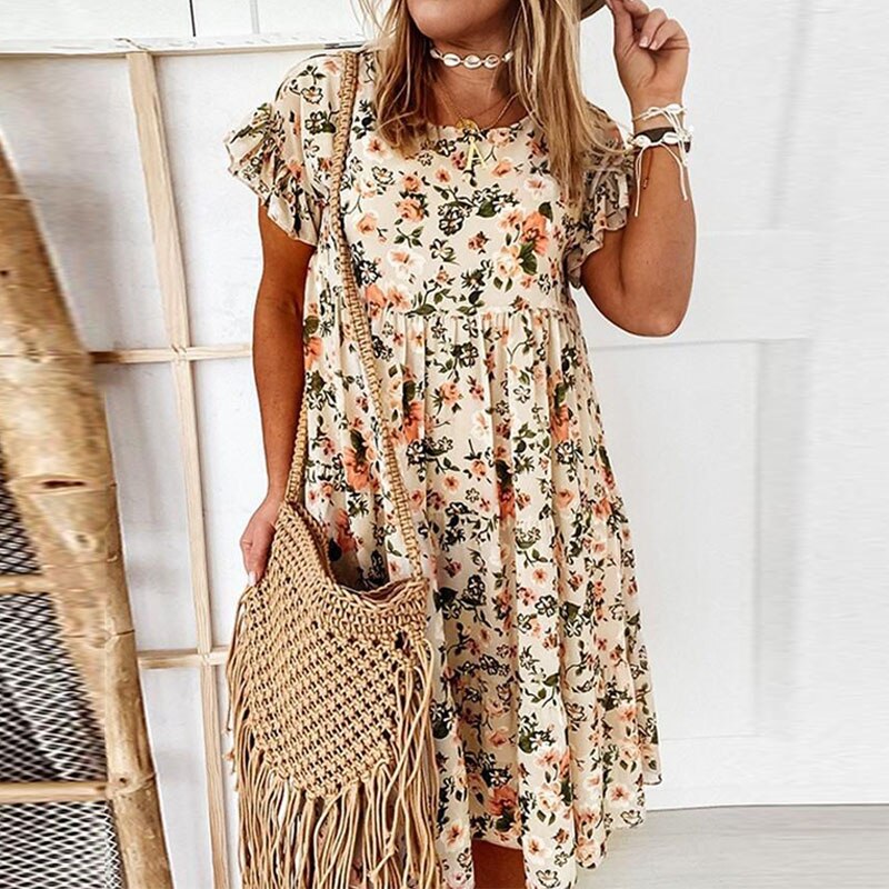 Boho floral dress with ruffles and fitted waist – Calista-Beige-S-The Livary